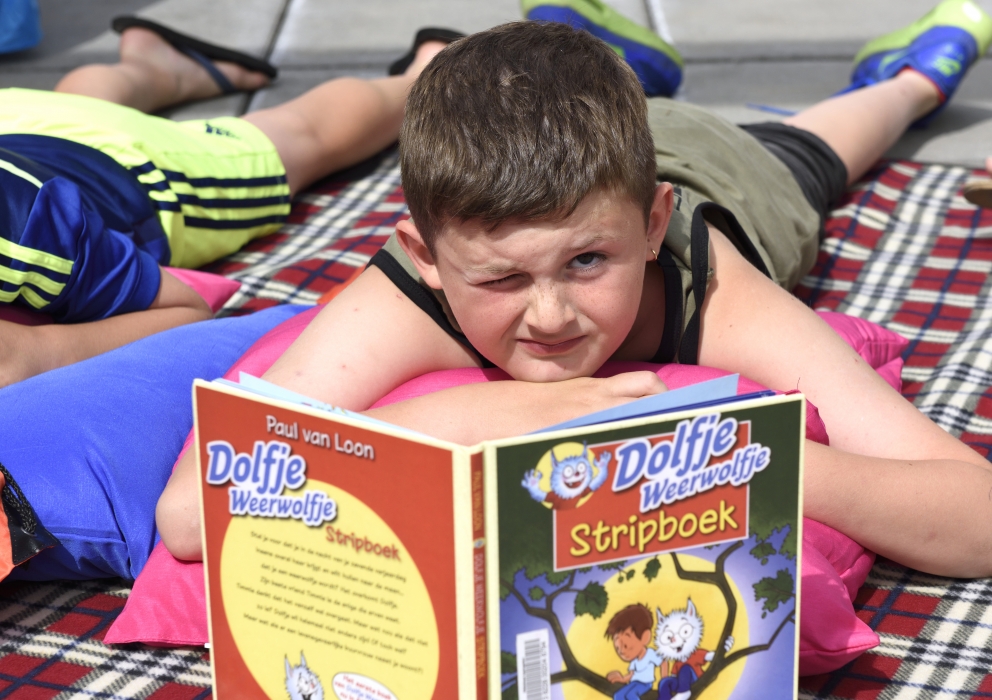 Jongen leest boek op picknickkleed.