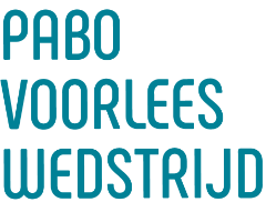 Logo pabo voorleeswedstrijd, blauwe tekst op witte achtergrond