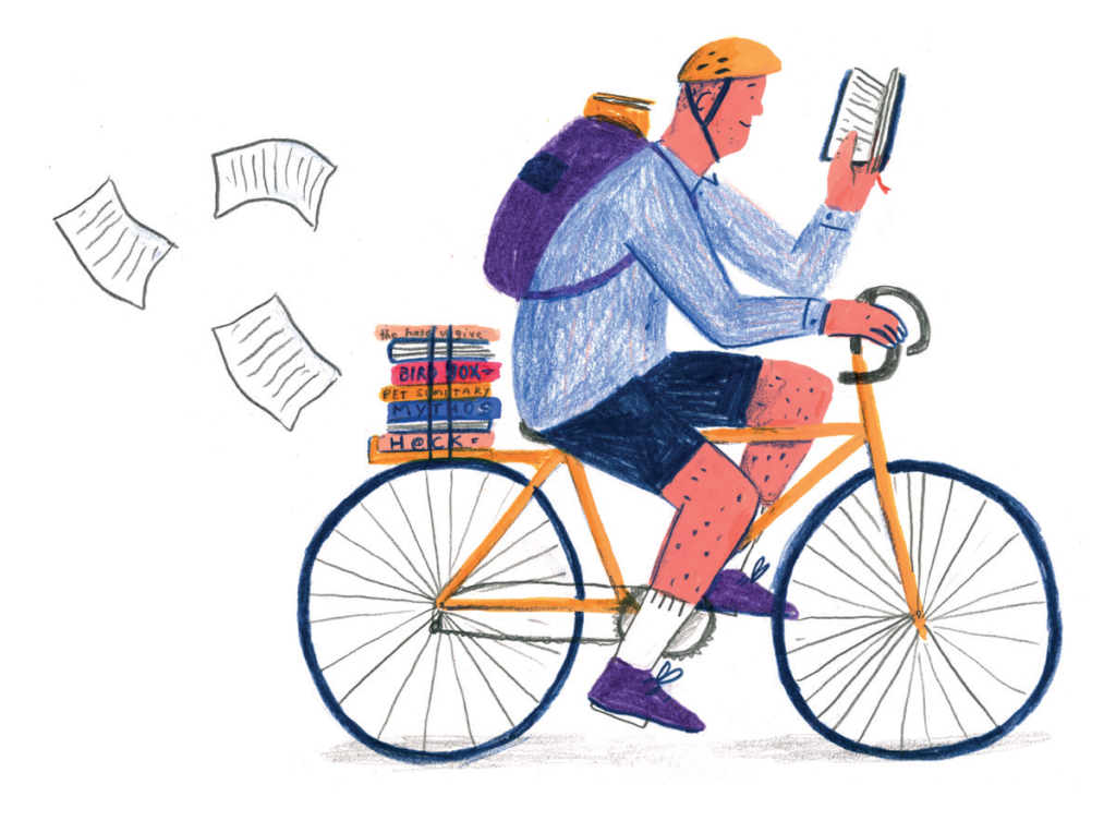 Illustratie van docent op de fiets, lezend en met boeken achterop.