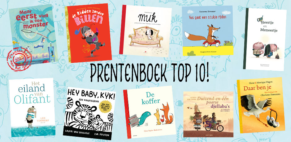 De prentenboek top 10, met onder en boven 5 kaften. Ik het midden de tekst 'prentenboek top 10'.