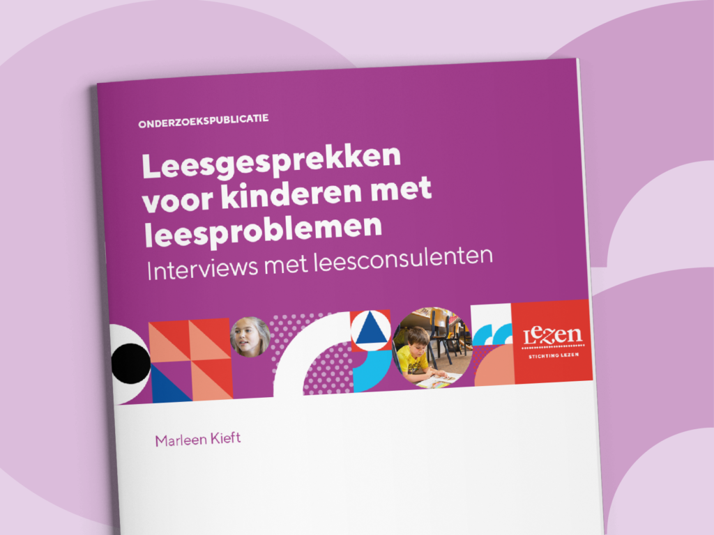 Cover leesgesprekken voor kinderen met leesproblemen op lichtpaarse achtergrond