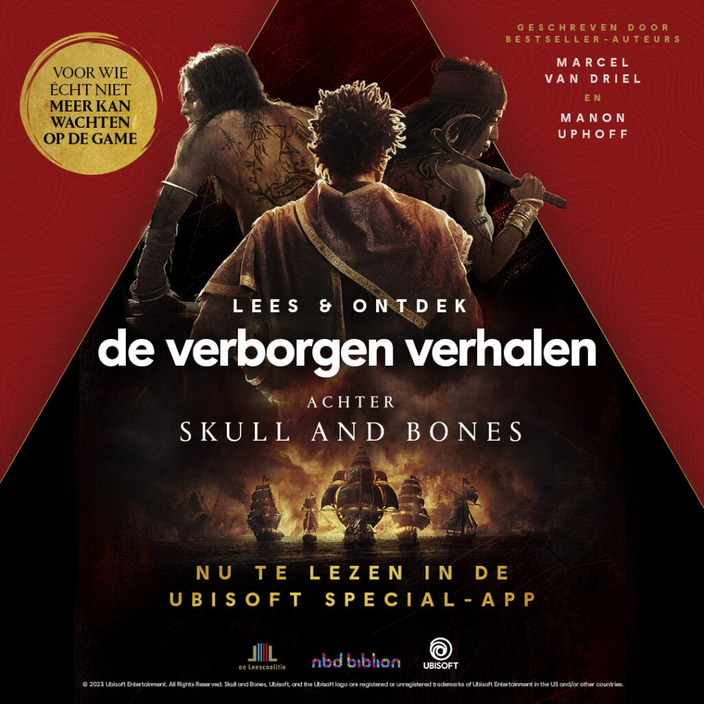 tekst: Lees en ontdenk de verborgen verhalen achter Skull and Bones. Nu te lezen in de Ubisoft Special-app.  Tekst geplaatst over donkere afbeelding met schepen en hoofdpersonages zichtbaar vanaf de rug. 