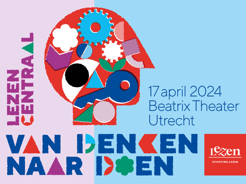 Lezen Centraal van denken naar doen 17 april 2024 Beatrix Theater Utrecht. Beeld op paars/blauwe achtergrond, geïllustreerd hoofd met tandwielen van binnen.