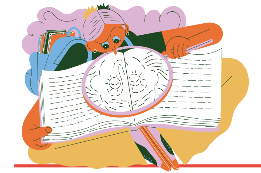 Illustratie van persoon met lang haar die een opengeslagen boek bestudeert onder een vergrootglas. 