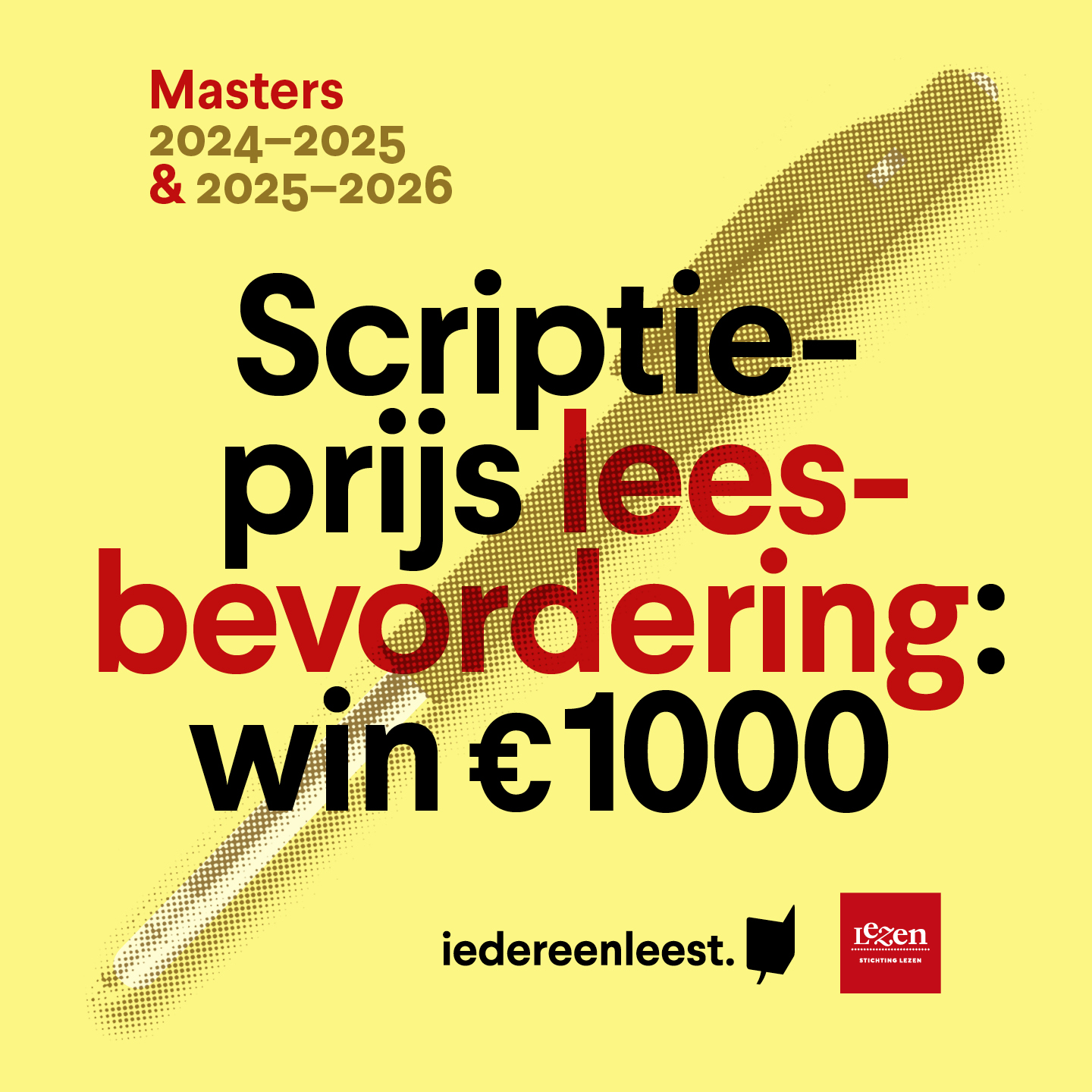 Scriptieprijs leesbevordering 2024-2026 met op de kanariegele achtergrond een pen.