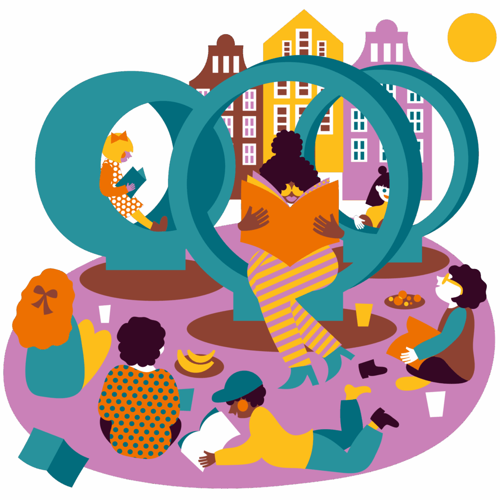 Illustratie van lezende mensen met stad op de achtergrond