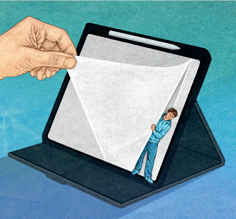 Illustratie van een tablet waar een hand een bladzijde van omslaat, waar een persoon uit tevoorschijn komt.